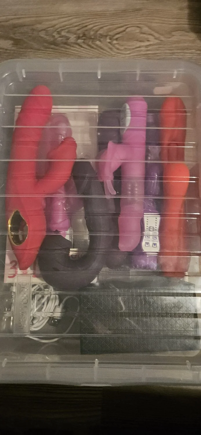 Voyeur! The vibrator's battery is dead! Luckily, the slut still has 15 vibrators in the closet. main image