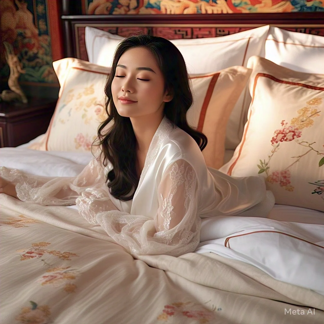 Asian girl posing in bed by meta ai main image