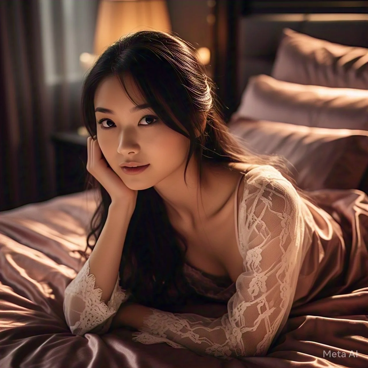 Asian girl posing in bed by meta ai image 12