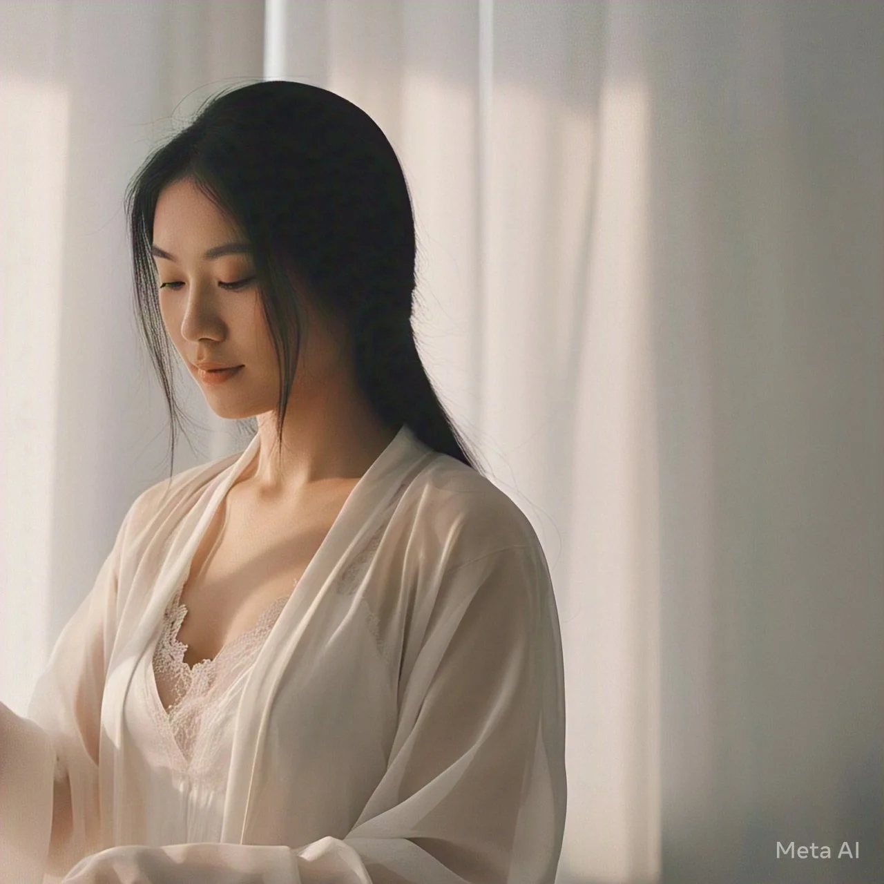 Asian girl posing in bed by meta ai image 13