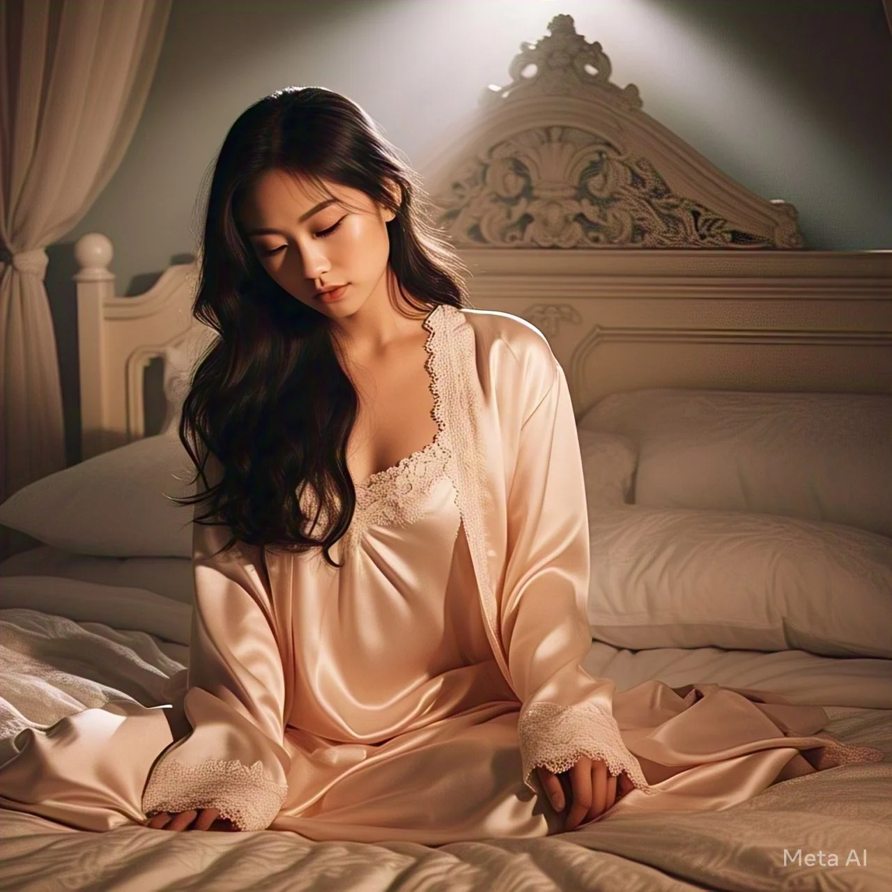 Asian girl posing in bed by meta ai image 2