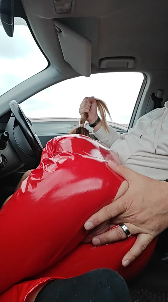 Fucking GF in car in public in pvc catsuit image 14
