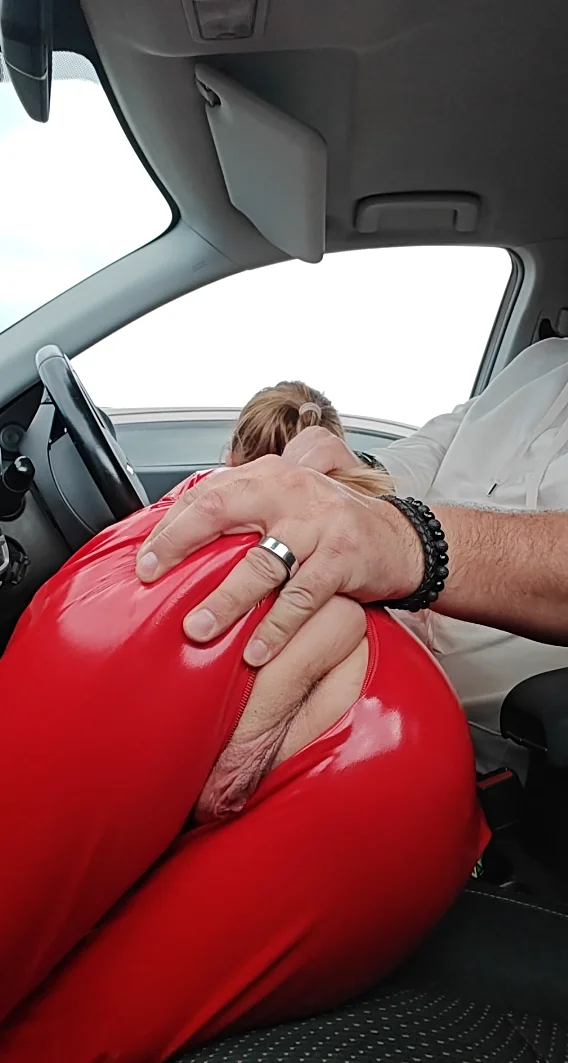 Fucking GF in car in public in pvc catsuit image 19