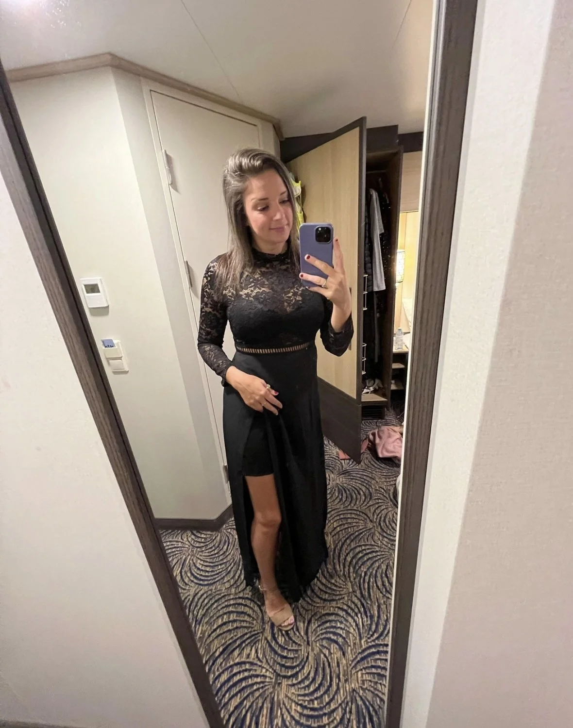 Pathetic husband shows us all his wife in a sophisticated dress horny in hotel. MILF mom married main image
