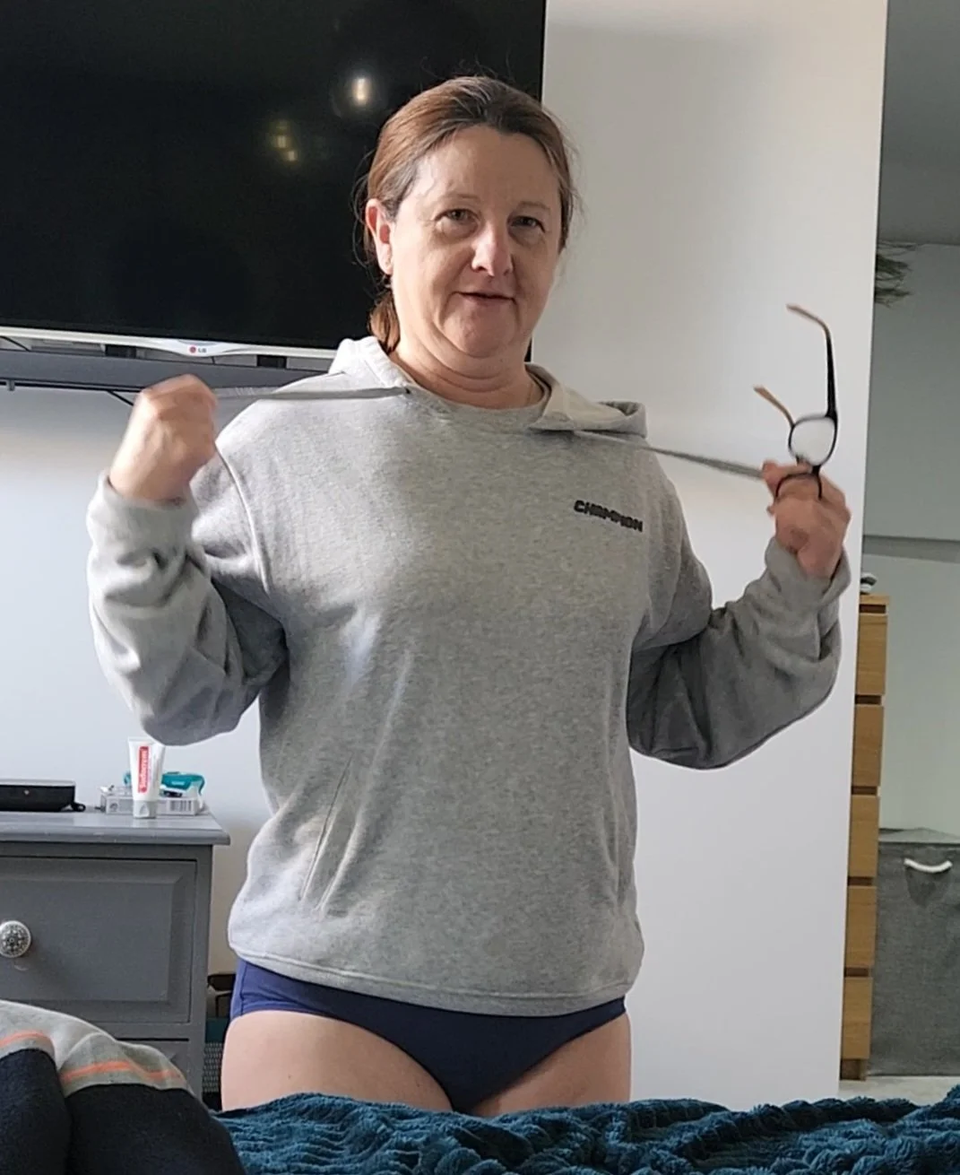 Plump milf flashing her little boobs for hubby. Which do you want to see? image 9