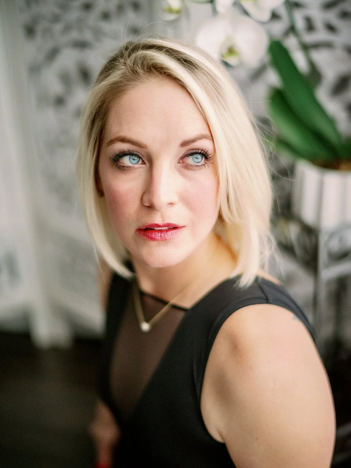 Petite green eyed blonde boudoir image 12