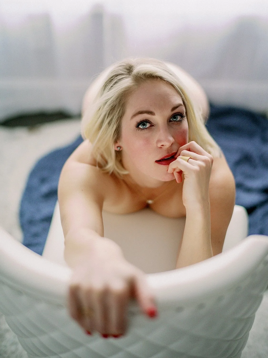 Petite green eyed blonde boudoir image 26