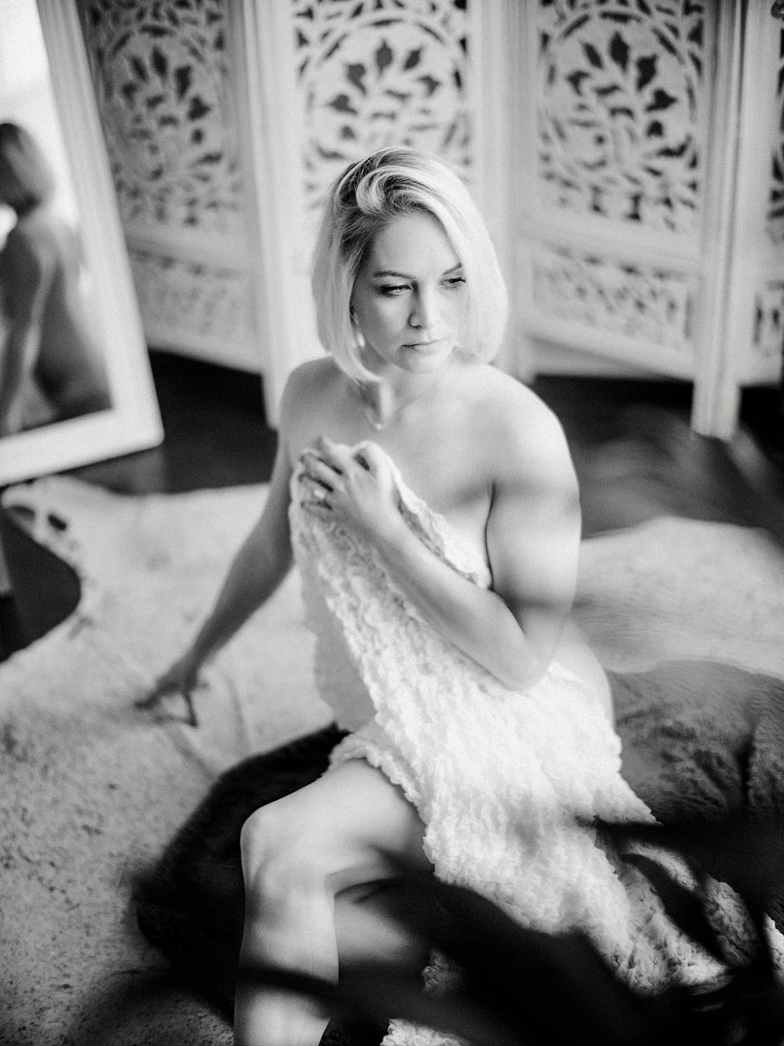 Petite green eyed blonde boudoir image 5