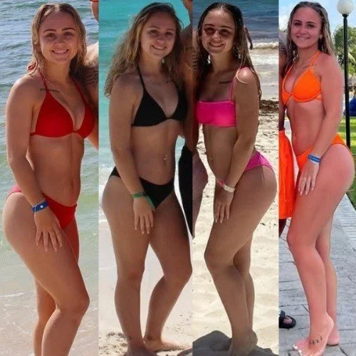 My petite cousin in different colored bikinis image 11