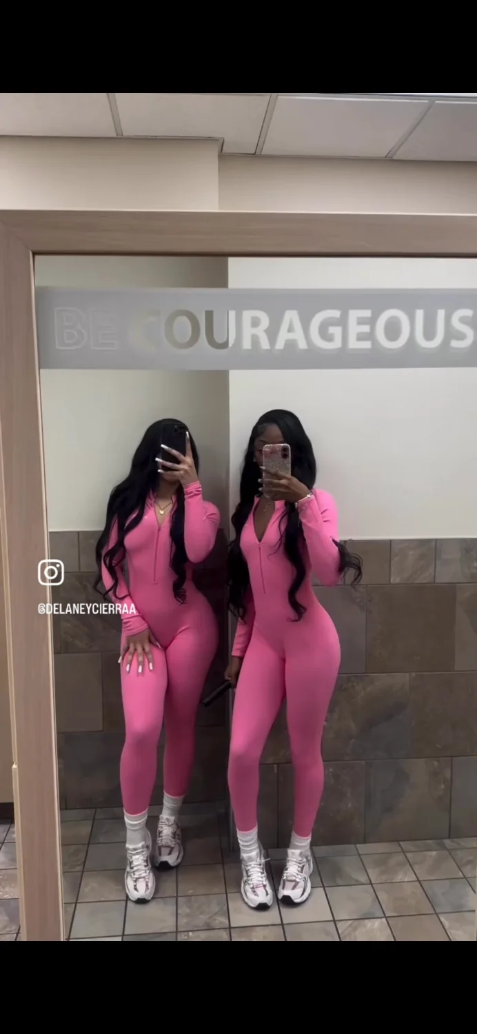 2 Cuties in sexy pink catsuit leggings at gym 🥵🔥 image 6