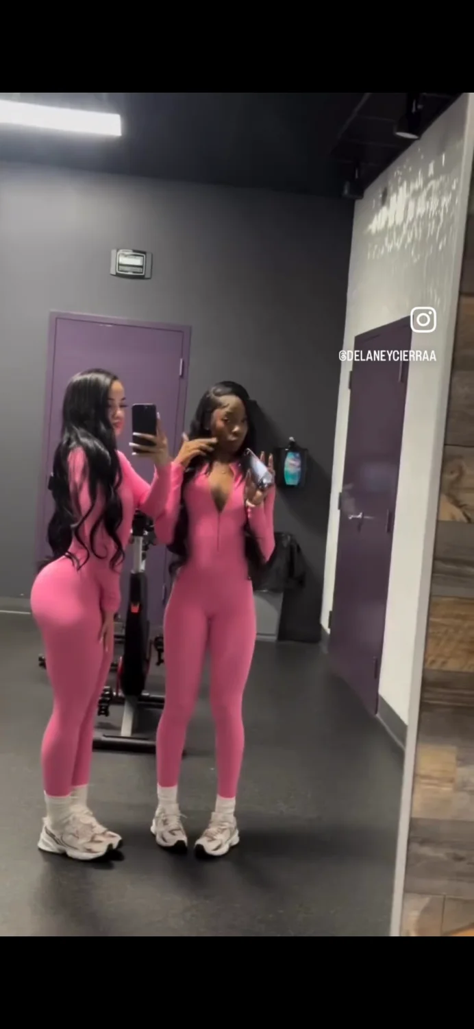 2 Cuties in sexy pink catsuit leggings at gym 🥵🔥 image 8