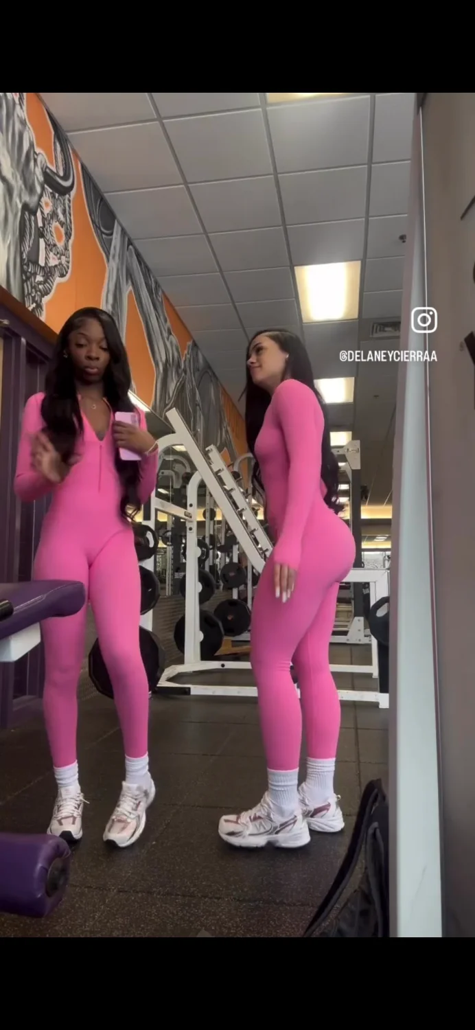 2 Cuties in sexy pink catsuit leggings at gym 🥵🔥 image 9