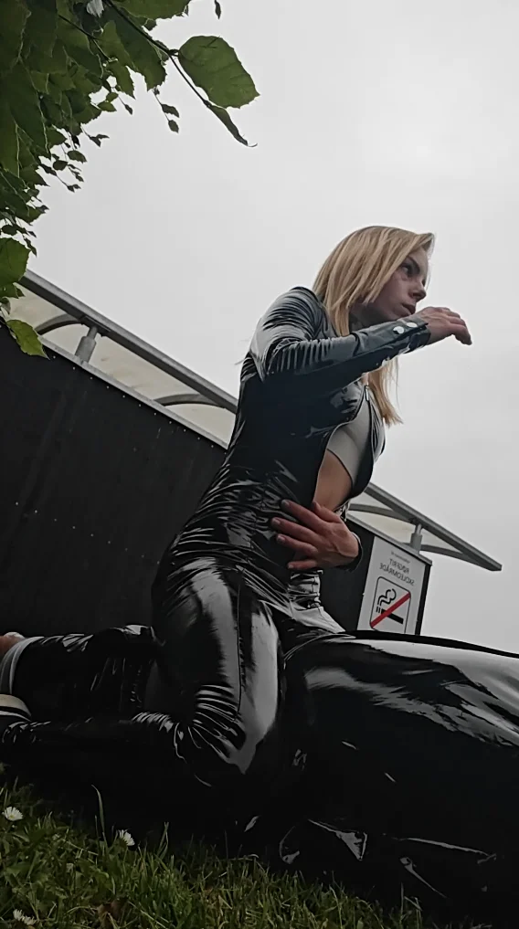 Fucking GF in pvc catsuit in public image 5