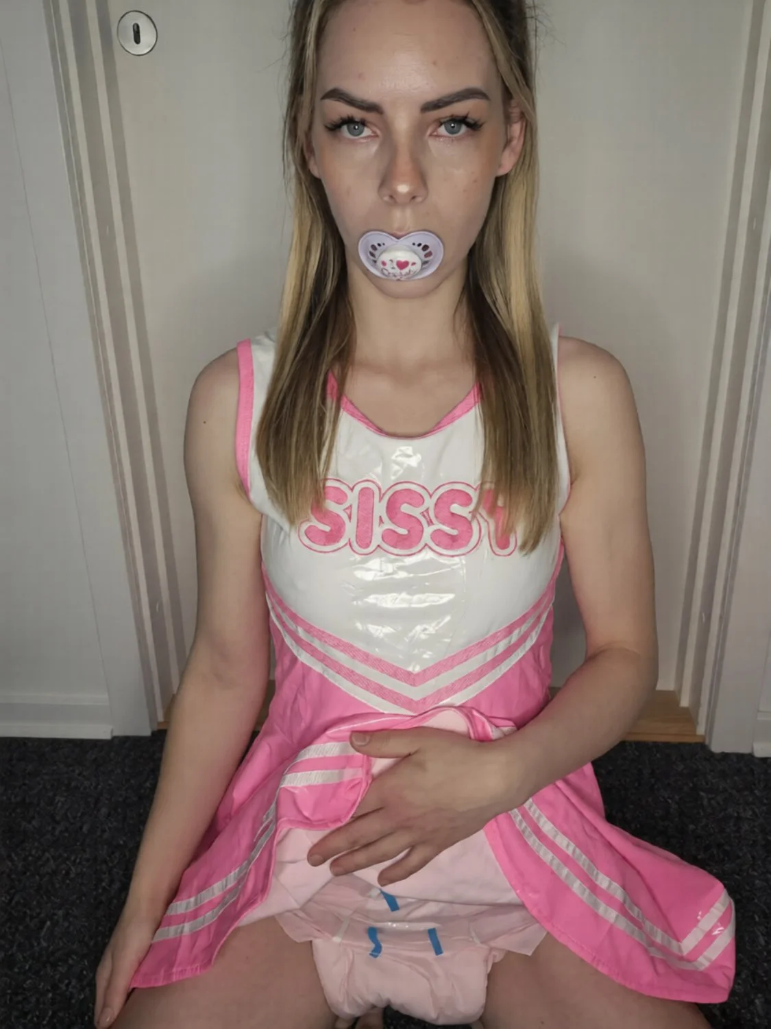 My GF in a PVC Sissy drees and diaper image 8