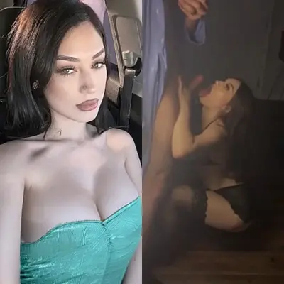 Beautiful brunette bimbo with big tits gives blowjob cover image