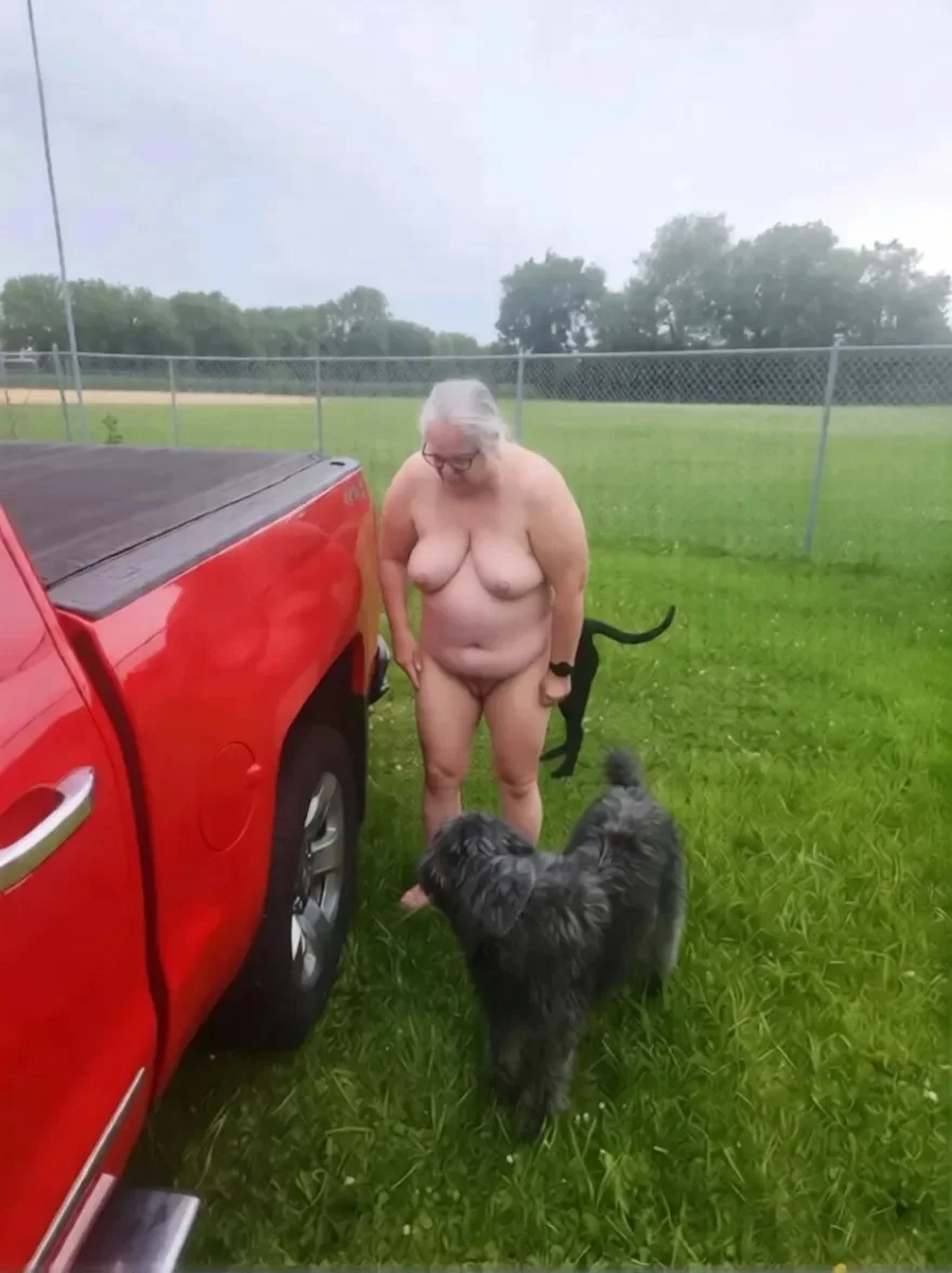 Chubby grandma nude with her dogs in public before and after breast reduction image 2