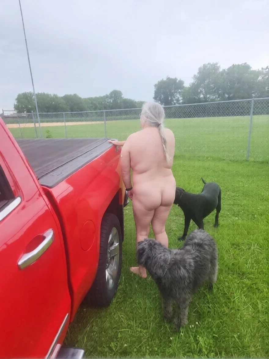 Chubby grandma nude with her dogs in public before and after breast reduction image 4