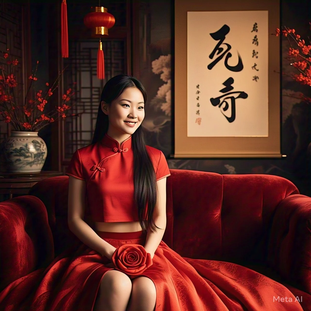 asian in red lingerie posing by meta ai image 3