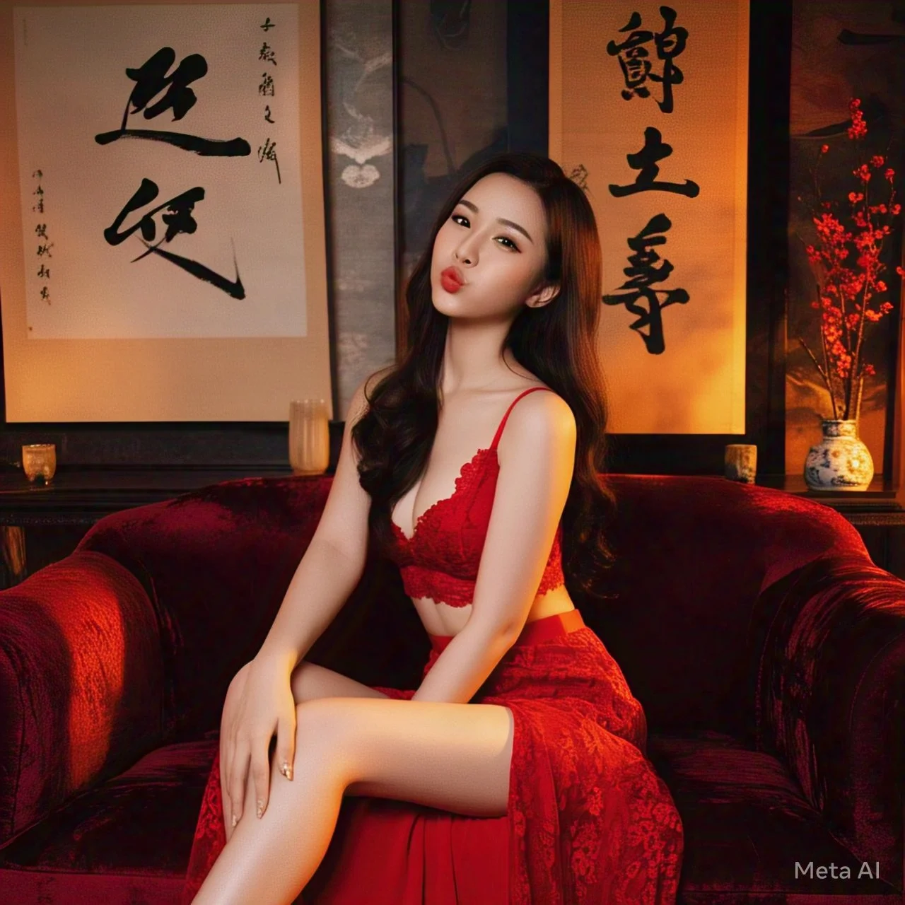 asian in red lingerie posing by meta ai image 4