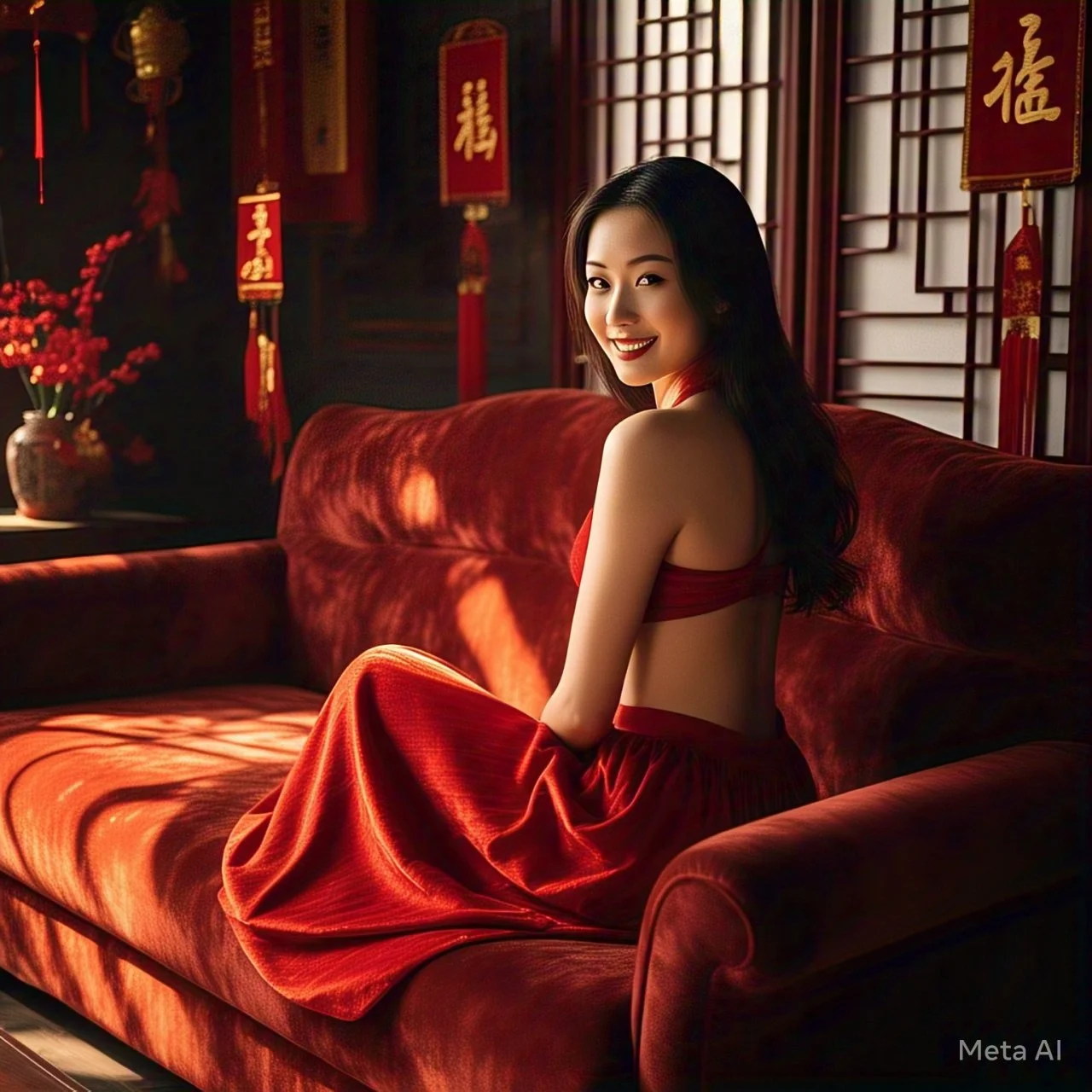 asian in red lingerie posing by meta ai image 7