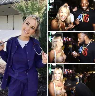 Nurse Emilie takes a break from traveling to have some guy suck her titties in a street interview cover image