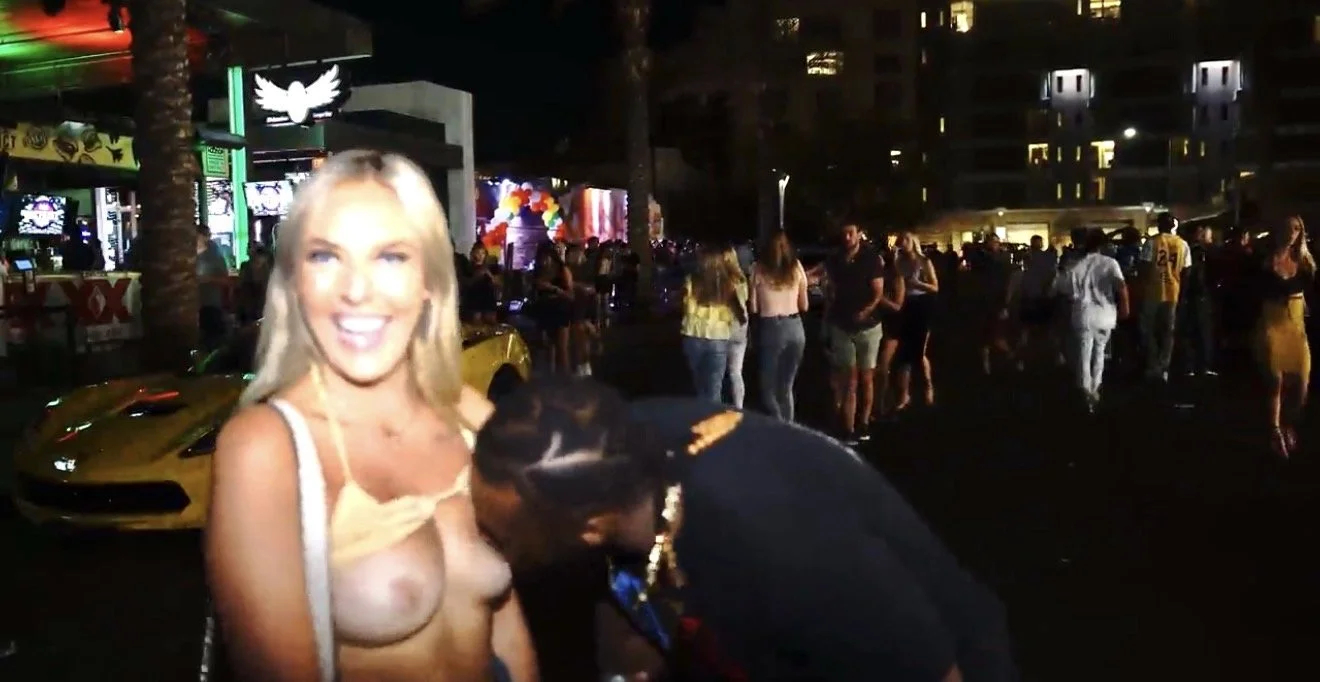 Nurse Emilie takes a break from traveling to have some guy suck her titties in a street interview image 3