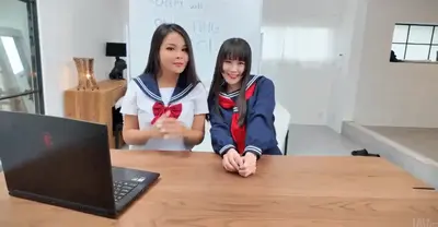 Cute Thai school teen ft cute chinese school teen suck and fuck BWC foreigner in FFM cover image