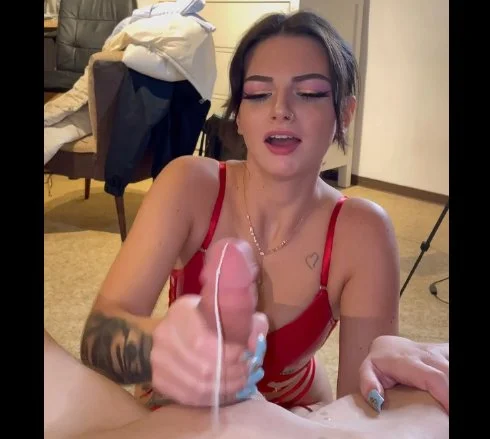 girlfriend in red lingerie gives nice blowjob image 3