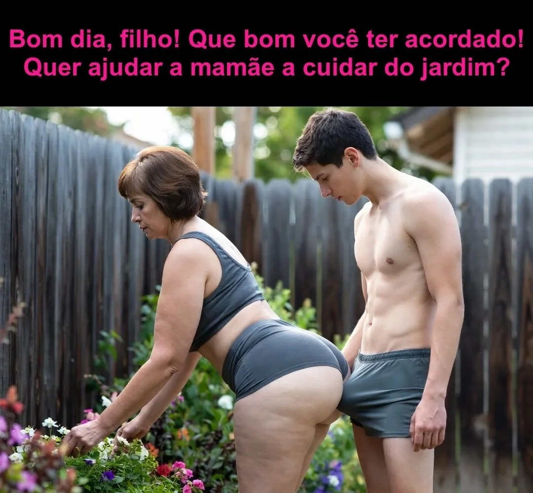 Mãe e filho cuidando do jardim. main image