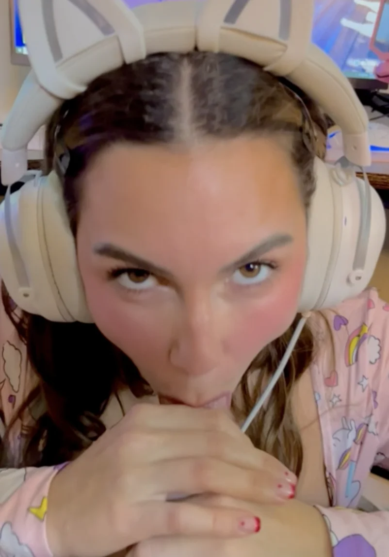 Pretty gamer girl sucks bf's cock, takes messy load on her big tits main image