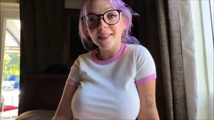 Pink hair busty cutie sucks and rides image 1